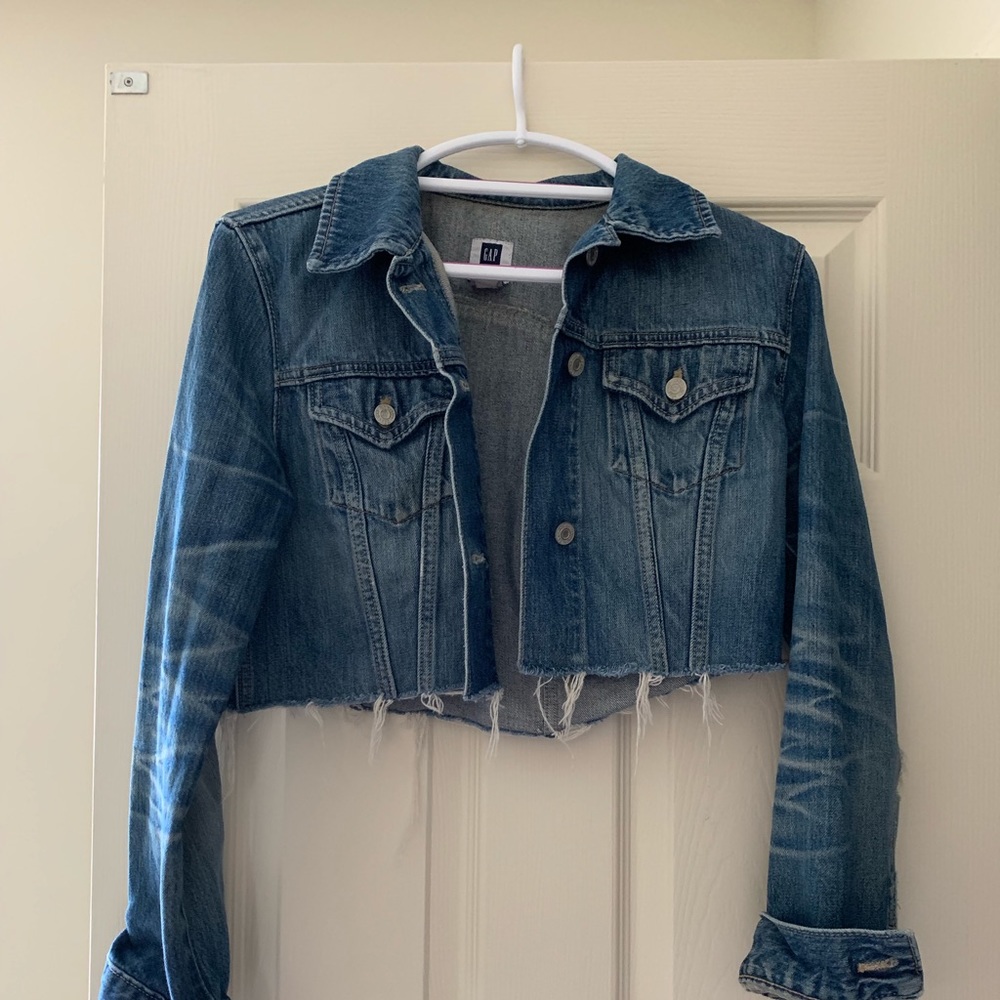 GAP cropped distressed denim jacket